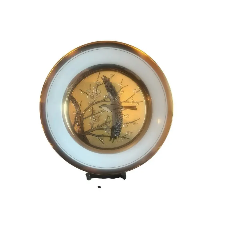 LAL Japan Chokin Art Plate Bird & Cherry Blossoms – Gold & Silver Trim – PL-02